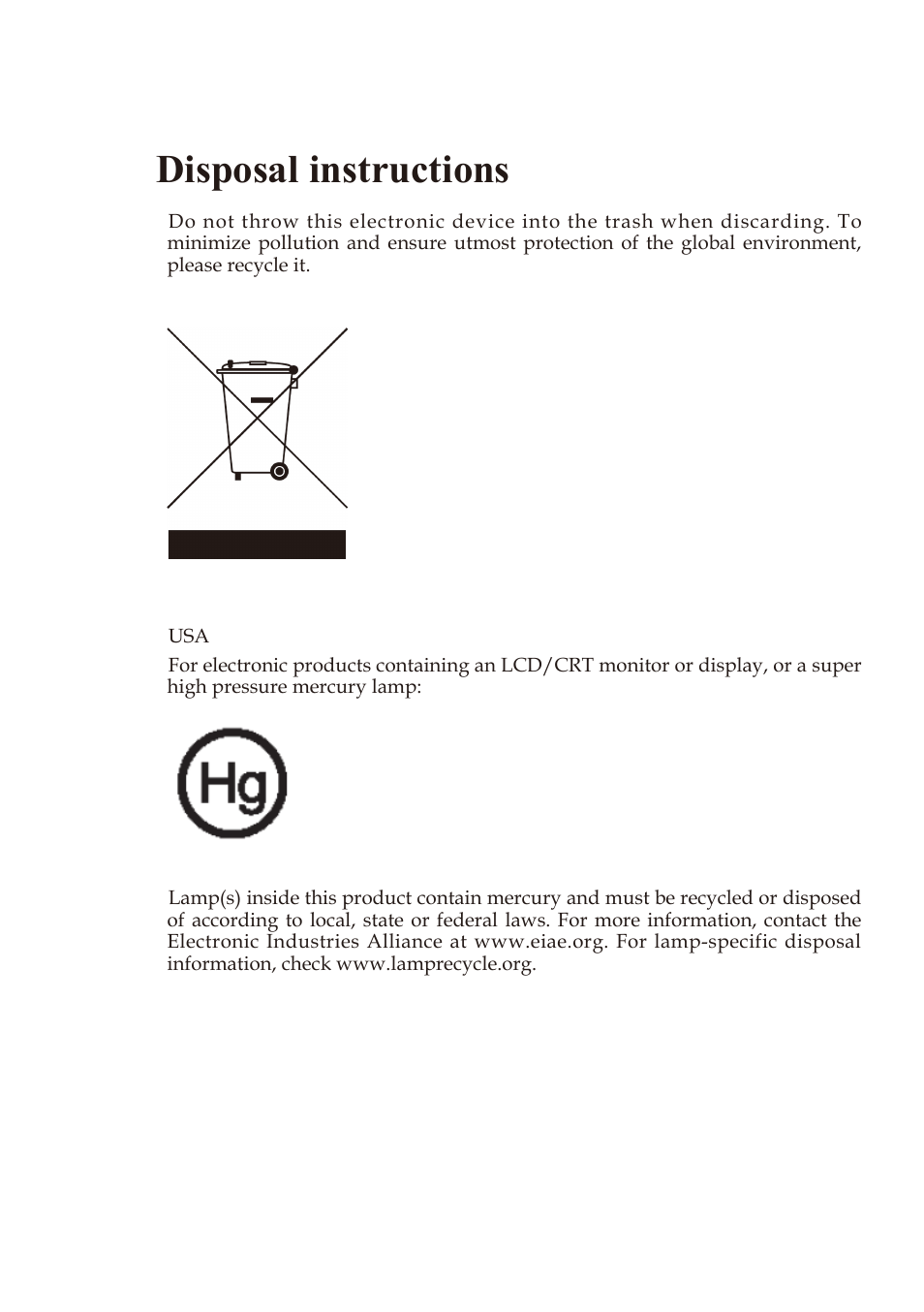 Disposal instructions | Acer PD726 User Manual | Page 2 / 60