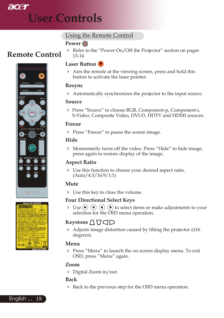 User controls, Remote control | Acer PD726 User Manual | Page 20 / 60