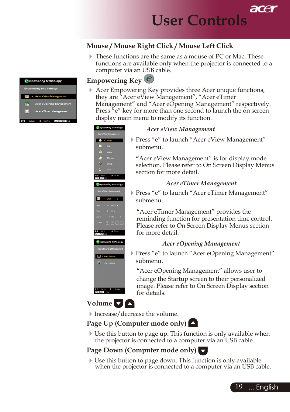 User controls | Acer PD726 User Manual | Page 21 / 60