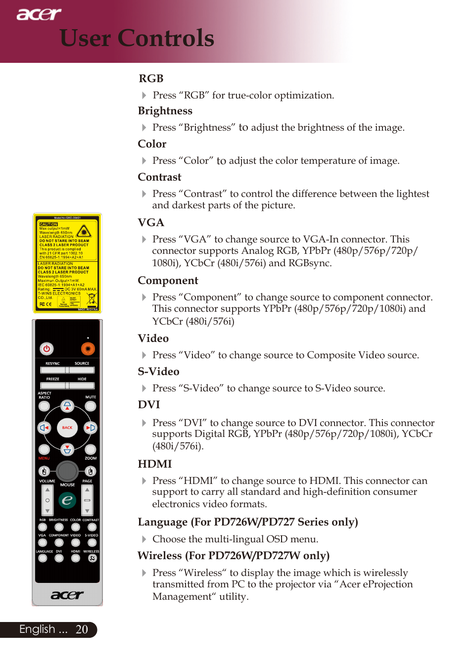 User controls | Acer PD726 User Manual | Page 22 / 60