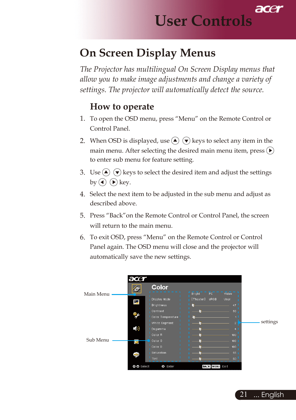 User controls, On screen display menus, How to operate | Acer PD726 User Manual | Page 23 / 60