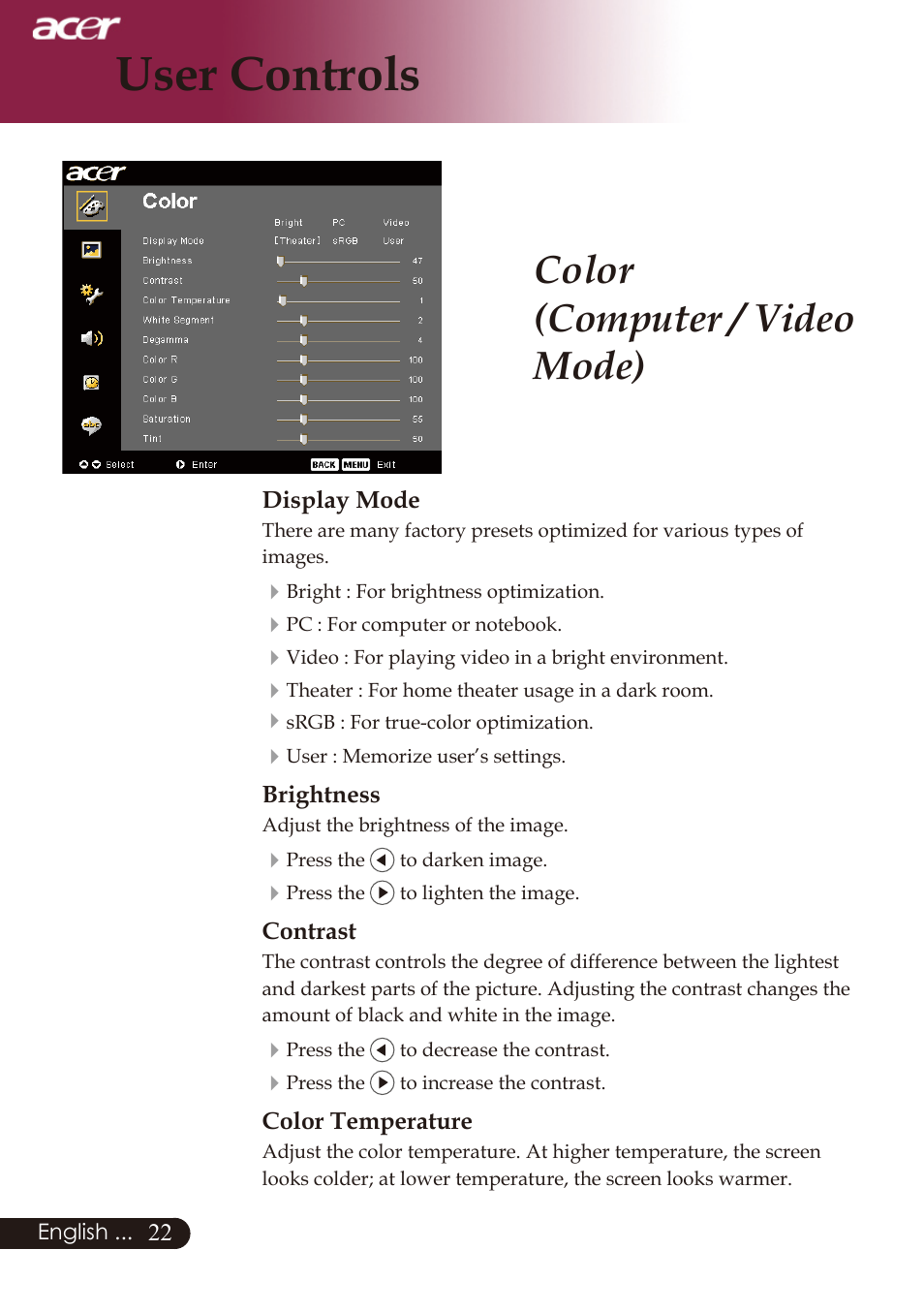 User controls, Color (computer / video mode) | Acer PD726 User Manual | Page 24 / 60