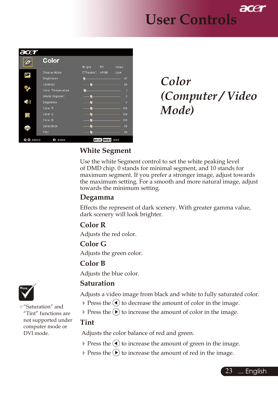 User controls, Color (computer / video mode) | Acer PD726 User Manual | Page 25 / 60