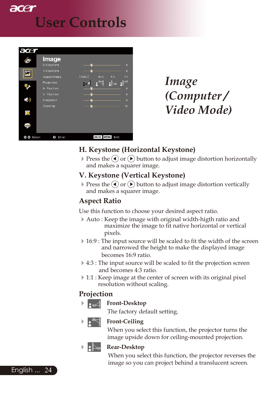 User controls, Image (computer / video mode) | Acer PD726 User Manual | Page 26 / 60