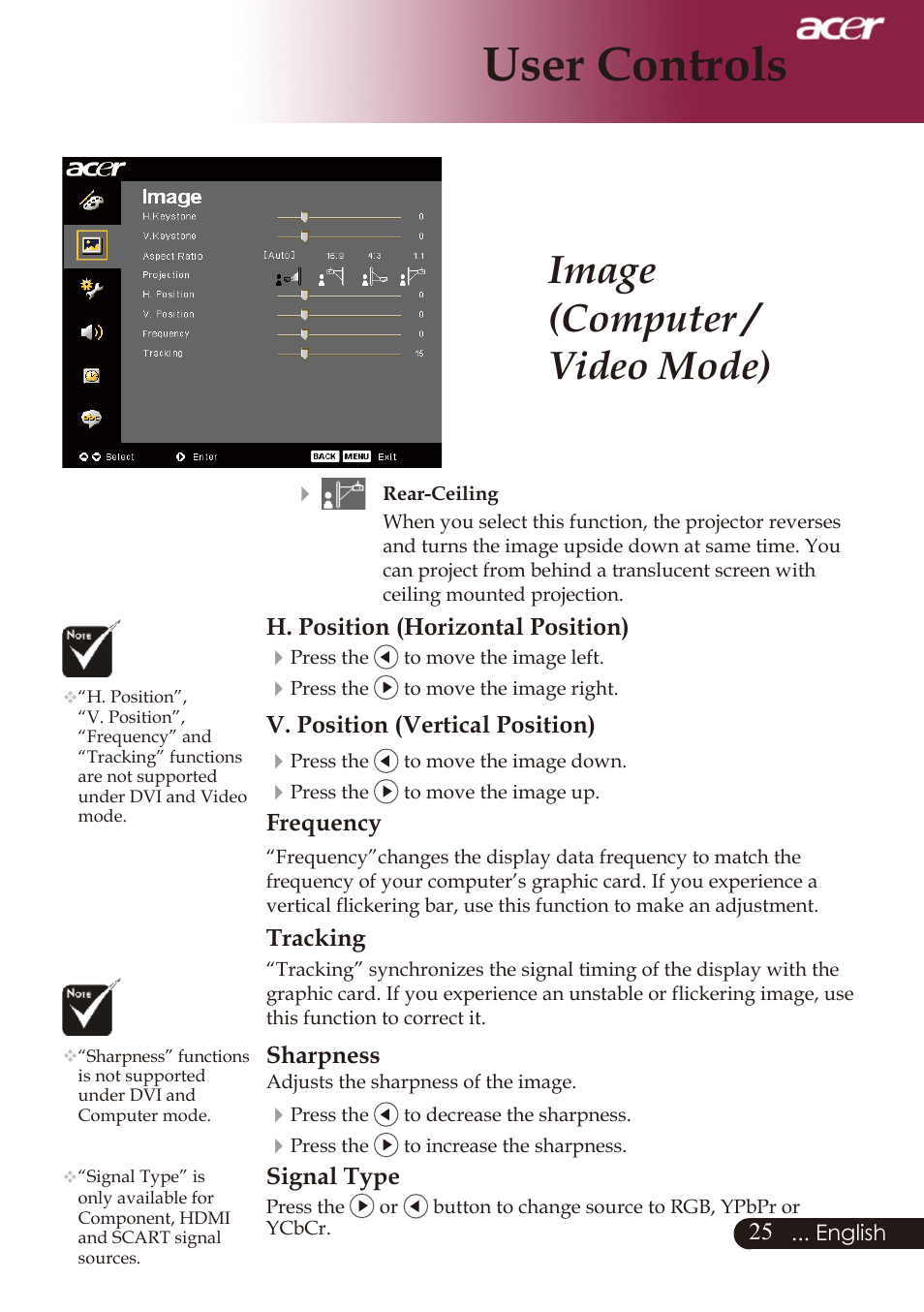 User controls, Image (computer / video mode) | Acer PD726 User Manual | Page 27 / 60