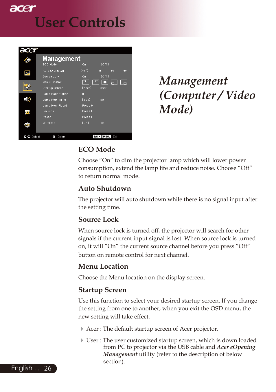 User controls, Management (computer / video mode) | Acer PD726 User Manual | Page 28 / 60