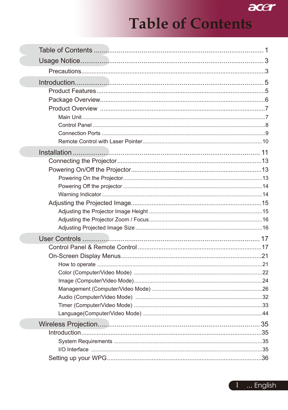 Acer PD726 User Manual | Page 3 / 60