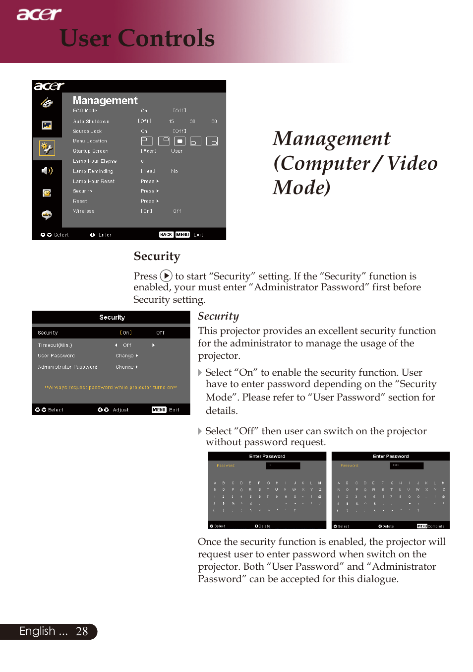 User controls, Management (computer / video mode) | Acer PD726 User Manual | Page 30 / 60