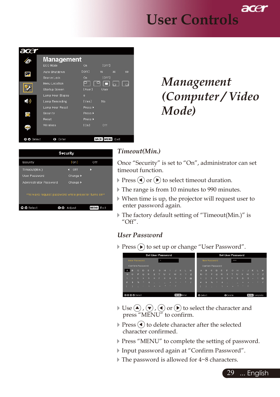 User controls, Management (computer / video mode) | Acer PD726 User Manual | Page 31 / 60