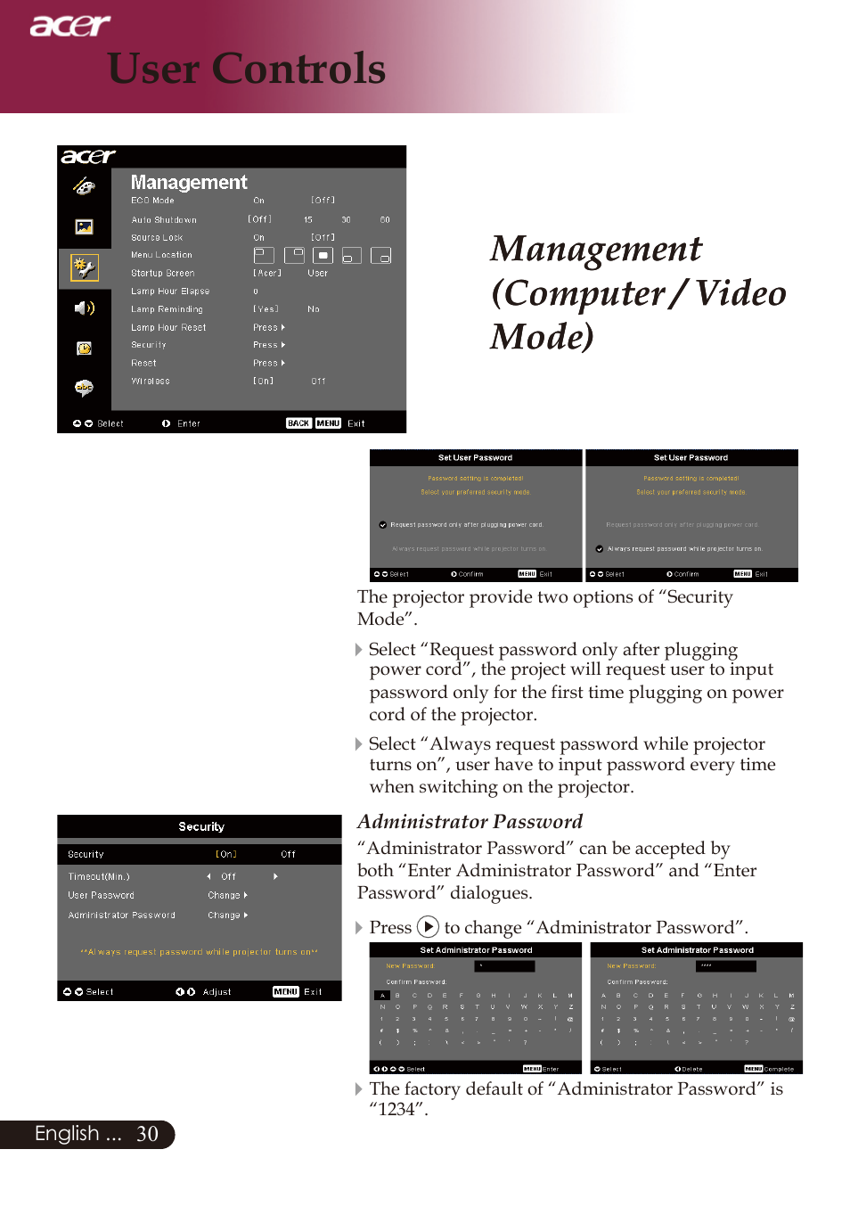 User controls | Acer PD726 User Manual | Page 32 / 60