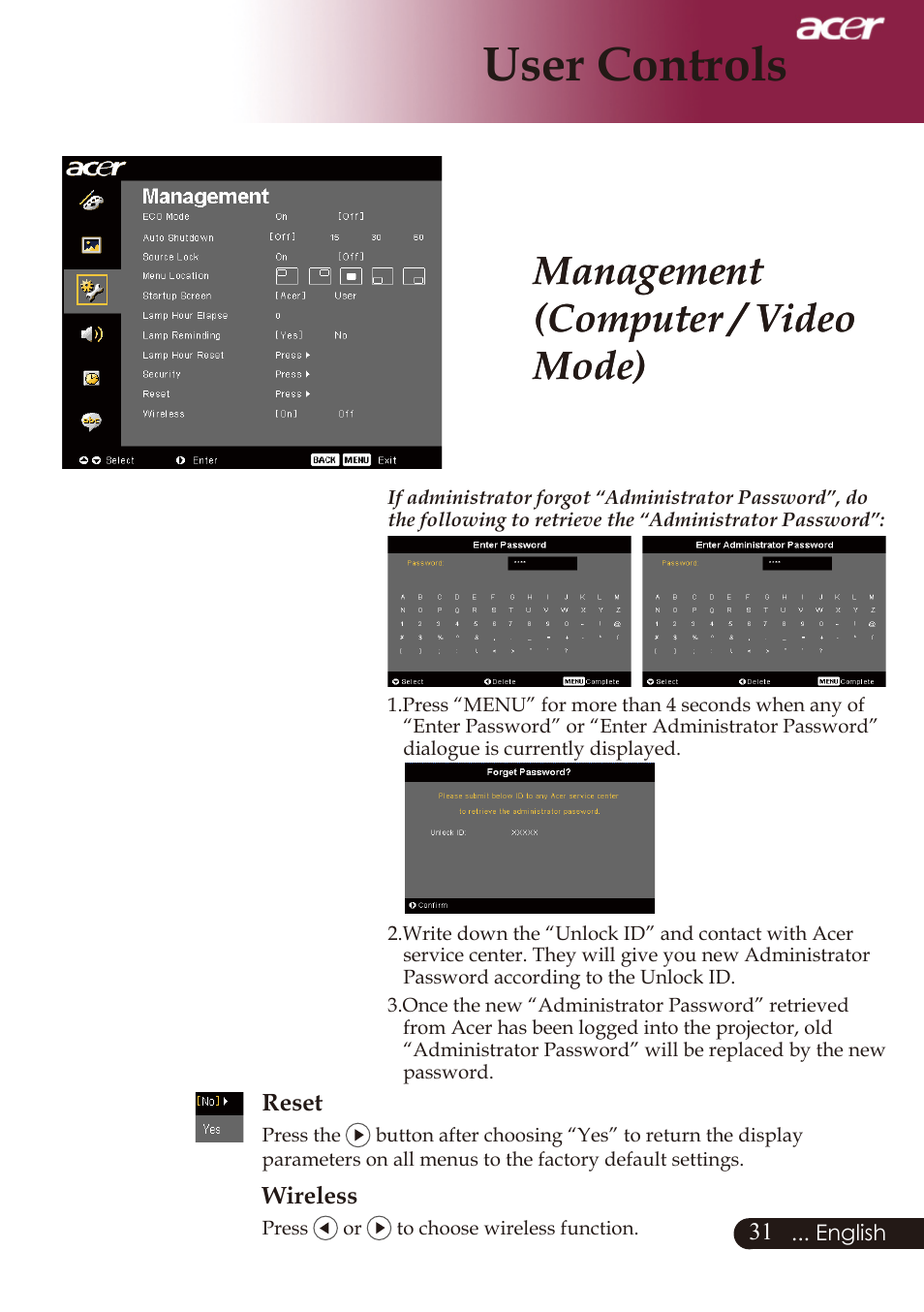 User controls | Acer PD726 User Manual | Page 33 / 60