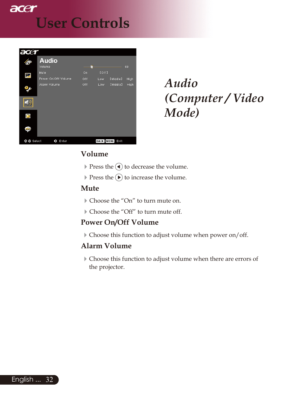 User controls, Audio (computer / video mode) | Acer PD726 User Manual | Page 34 / 60