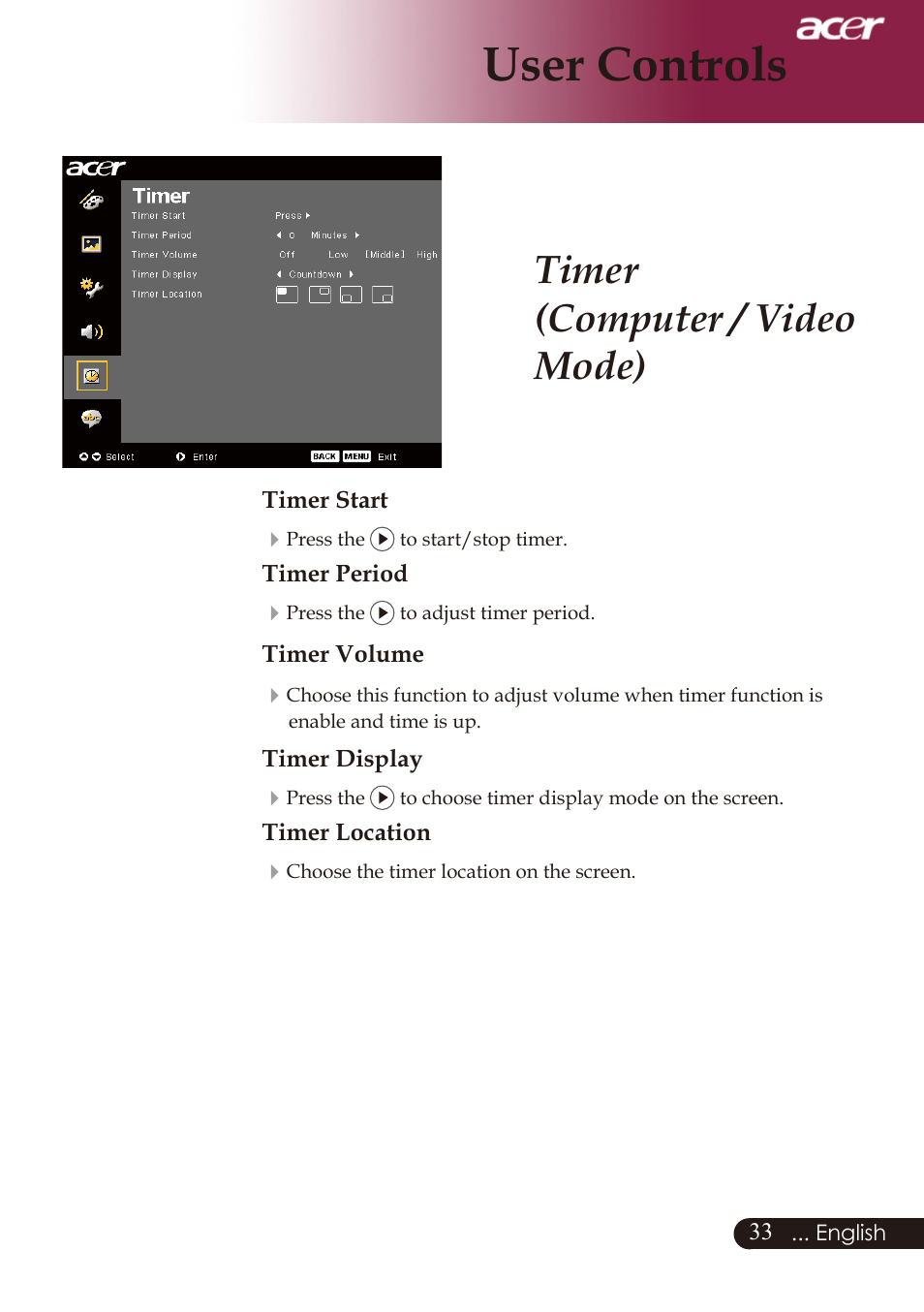 User controls, Timer (computer / video mode) | Acer PD726 User Manual | Page 35 / 60