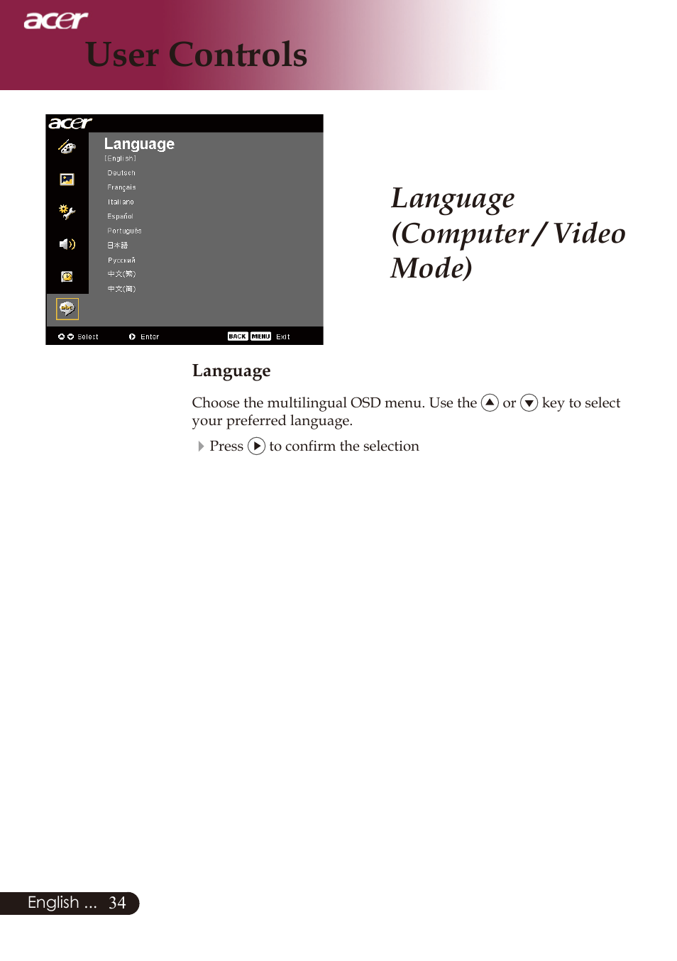 User controls, Language (computer / video mode) | Acer PD726 User Manual | Page 36 / 60