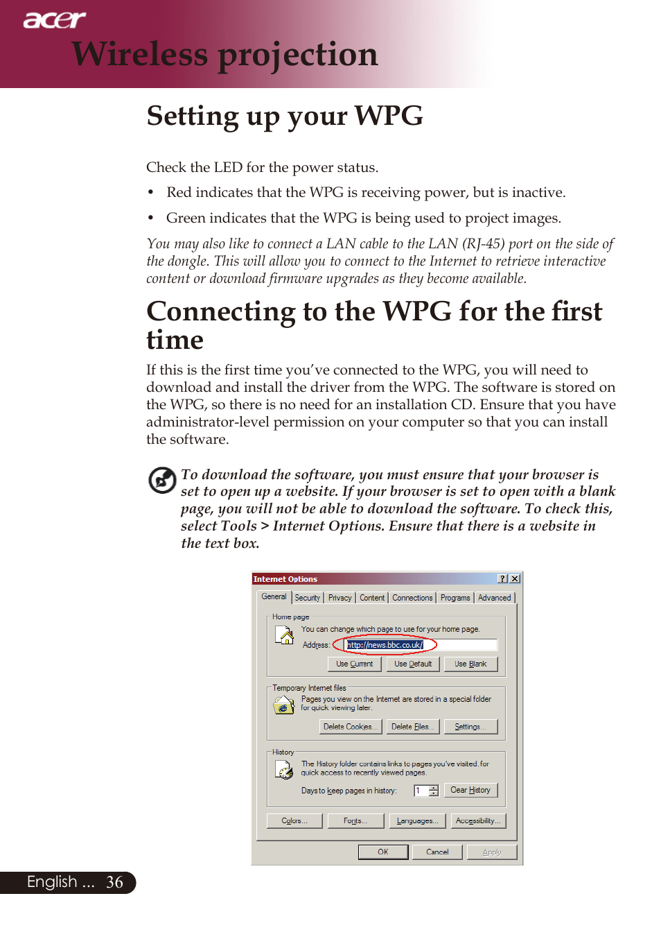 Wireless projection, Setting up your wpg, Connecting to the wpg for the first time | Acer PD726 User Manual | Page 38 / 60
