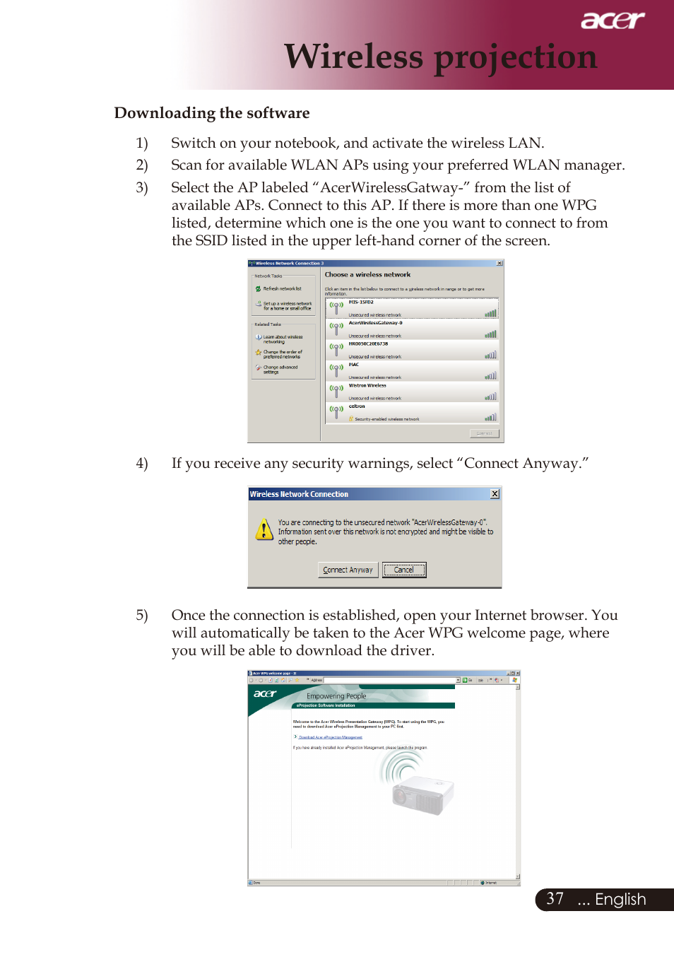 Wireless projection | Acer PD726 User Manual | Page 39 / 60