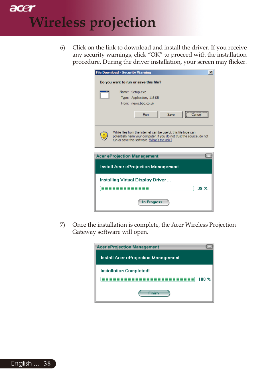 Wireless projection | Acer PD726 User Manual | Page 40 / 60