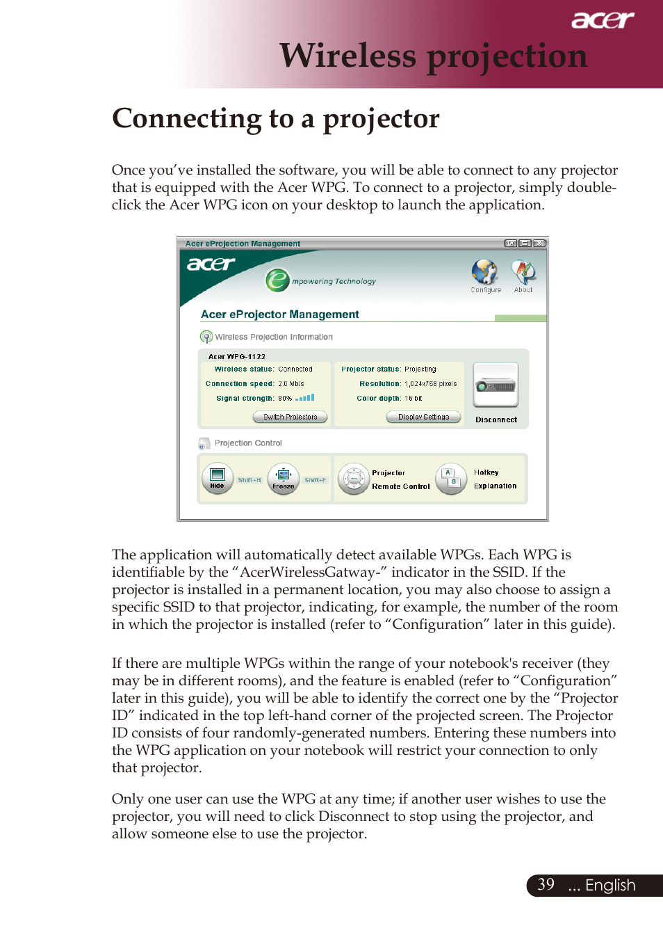 Wireless projection, Connecting to a projector | Acer PD726 User Manual | Page 41 / 60