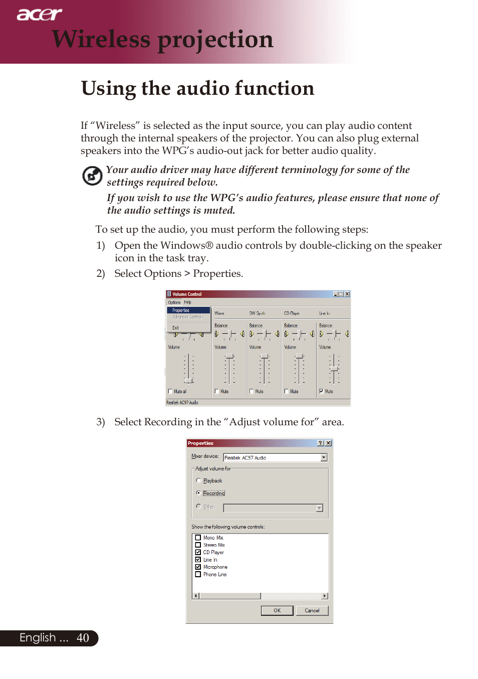 Wireless projection, Using the audio function | Acer PD726 User Manual | Page 42 / 60
