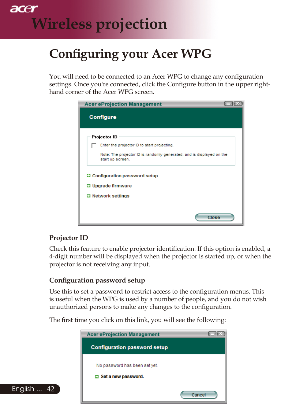 Wireless projection, Configuring your acer wpg | Acer PD726 User Manual | Page 44 / 60