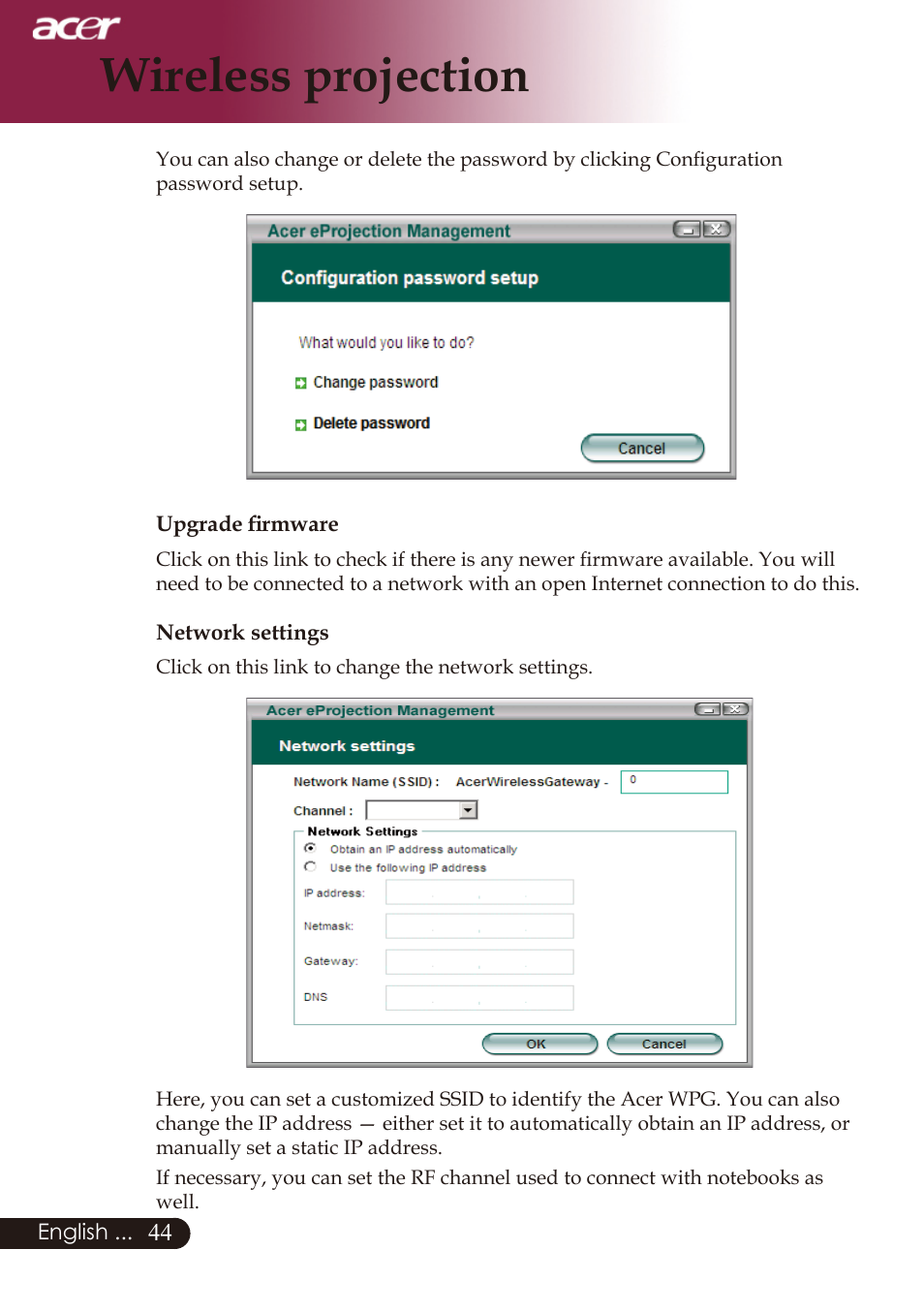 Wireless projection | Acer PD726 User Manual | Page 46 / 60