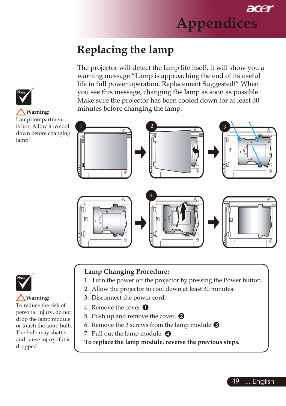 Appendices, Replacing the lamp | Acer PD726 User Manual | Page 51 / 60