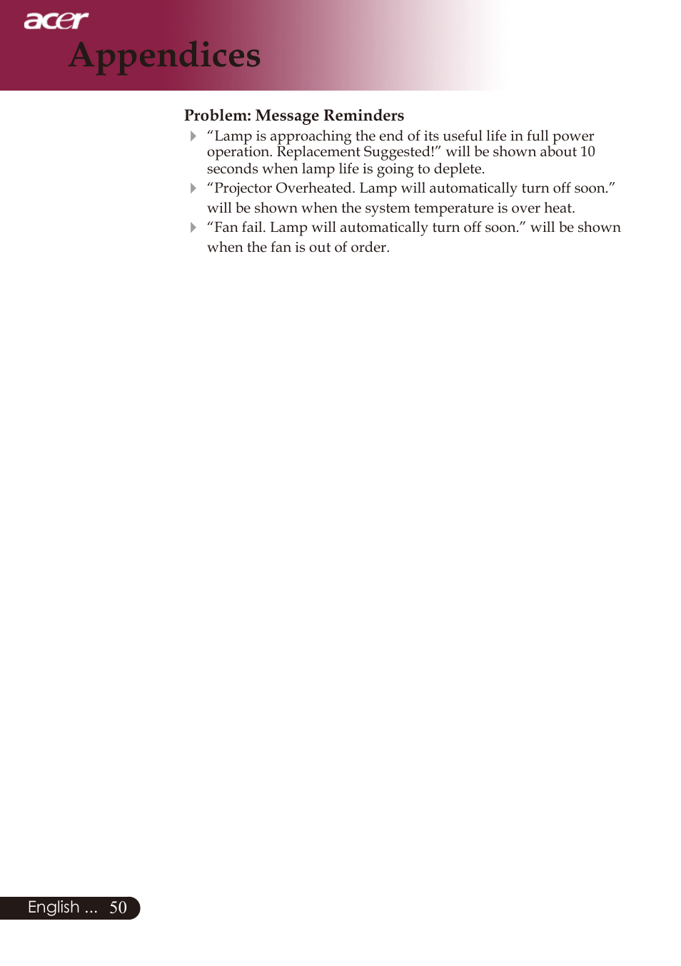 Appendices | Acer PD726 User Manual | Page 52 / 60