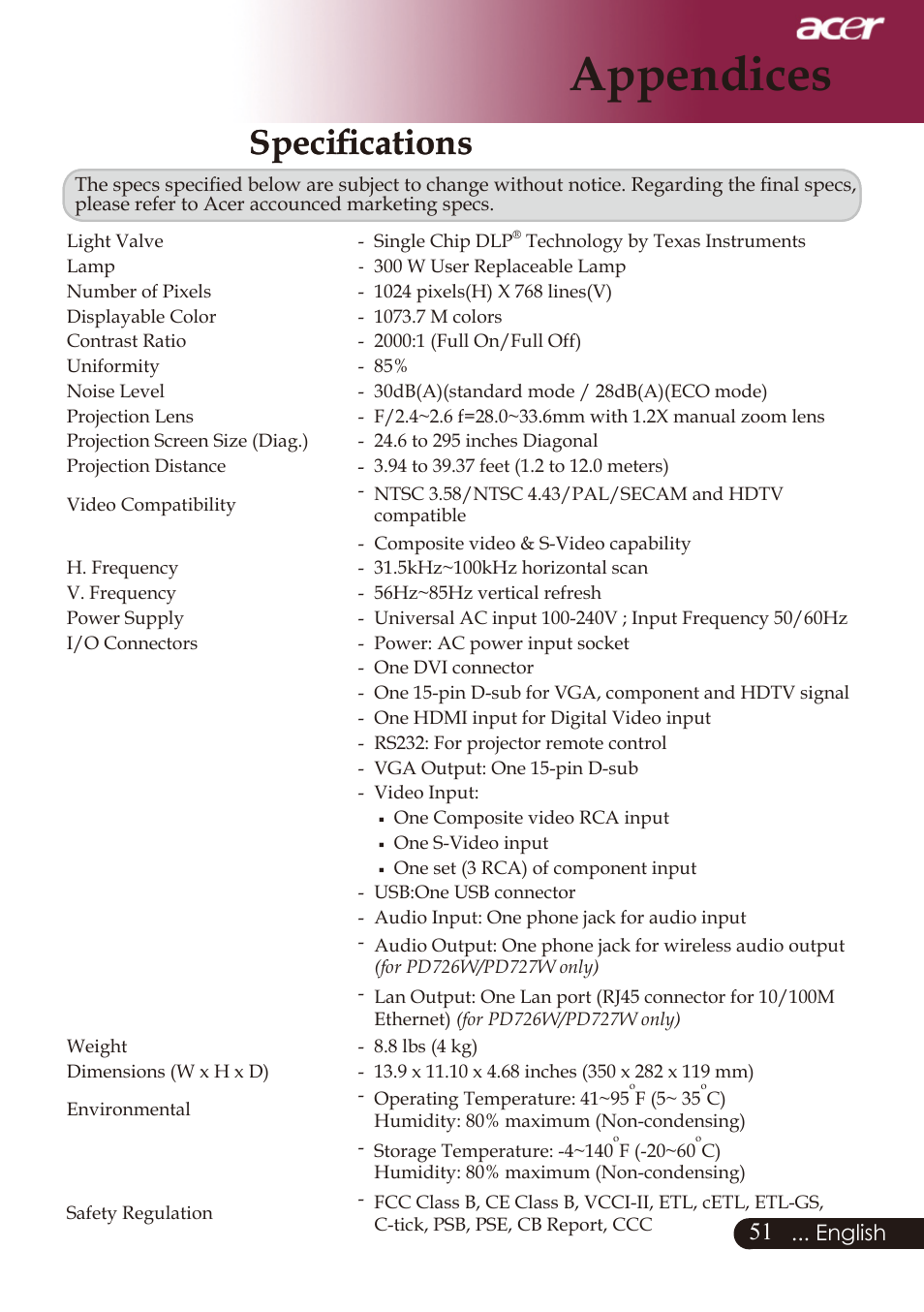 Appendices, Specifications | Acer PD726 User Manual | Page 53 / 60