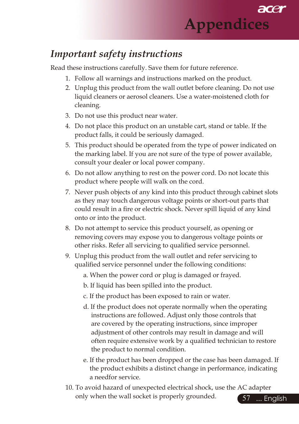 Appendices, Important safety instructions | Acer PD726 User Manual | Page 59 / 60