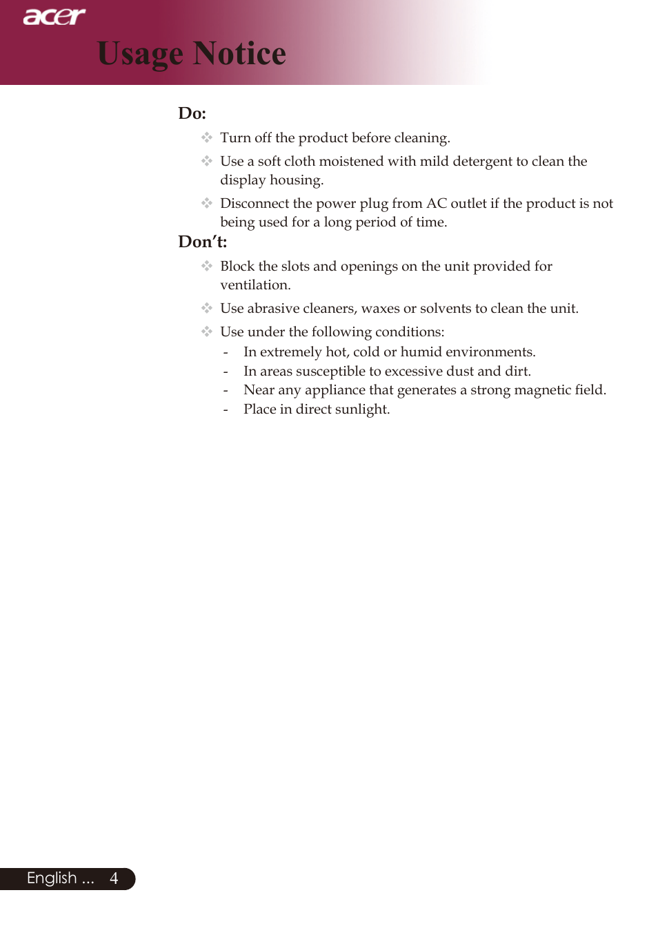 Usage notice | Acer PD726 User Manual | Page 6 / 60