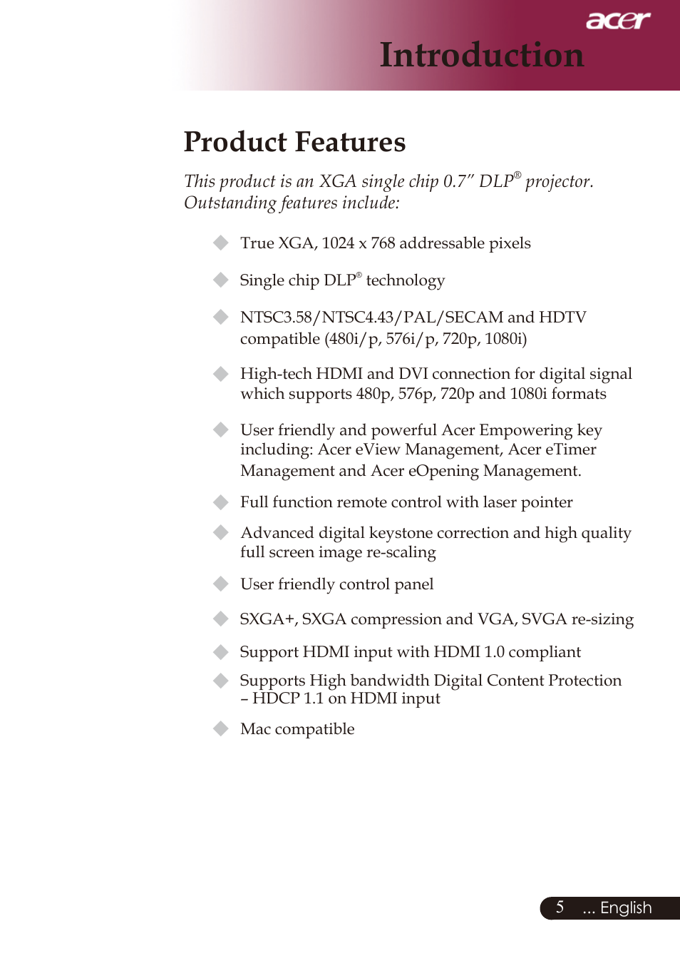 Introduction, Product features | Acer PD726 User Manual | Page 7 / 60