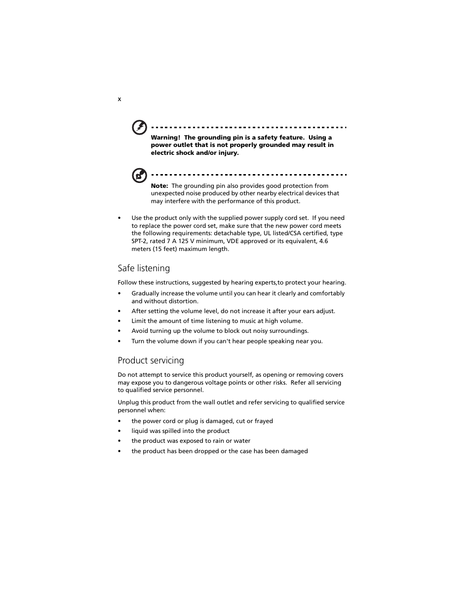 Safe listening, Product servicing | Acer Altos R5250 User Manual | Page 10 / 142