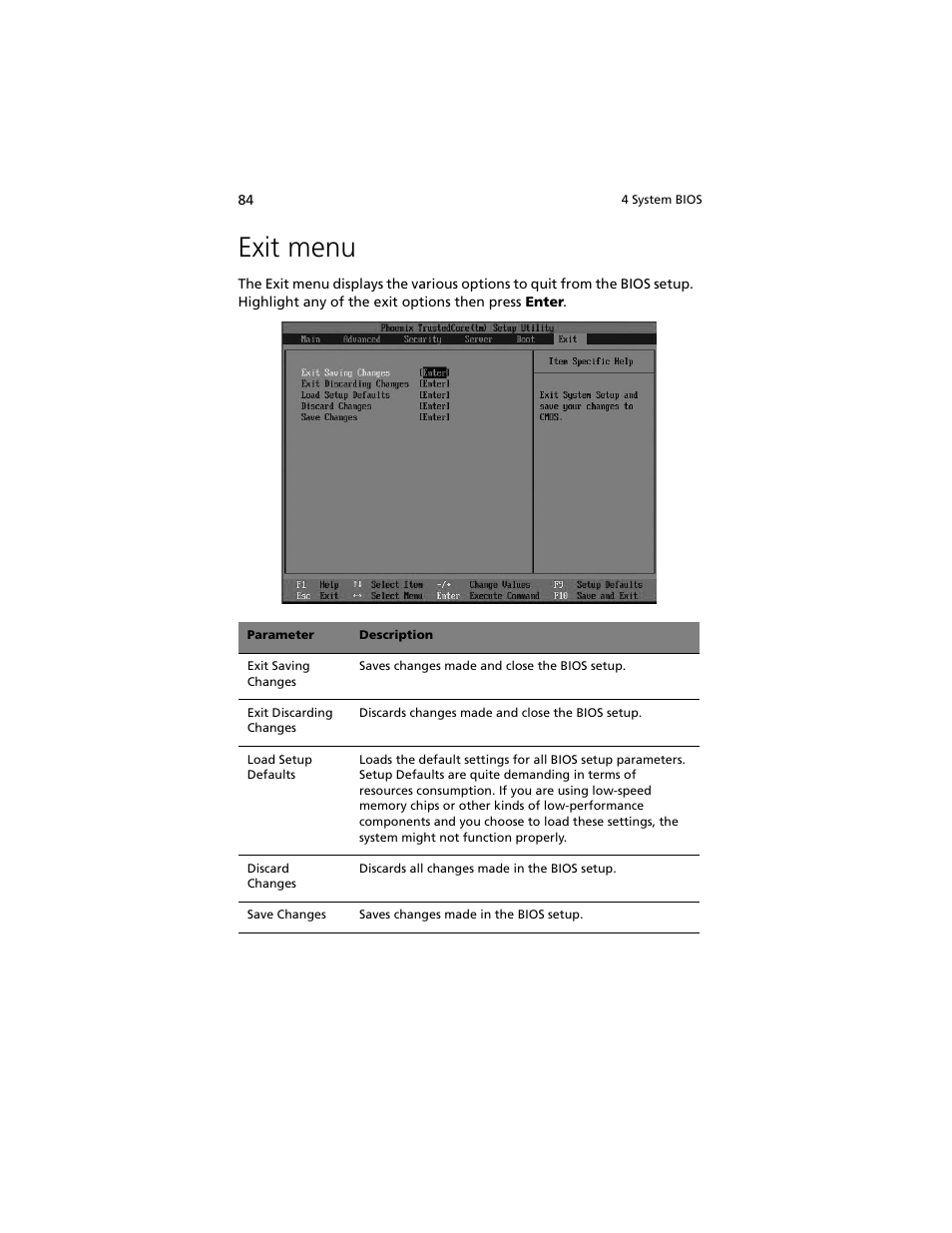 Exit menu | Acer Altos R5250 User Manual | Page 102 / 142