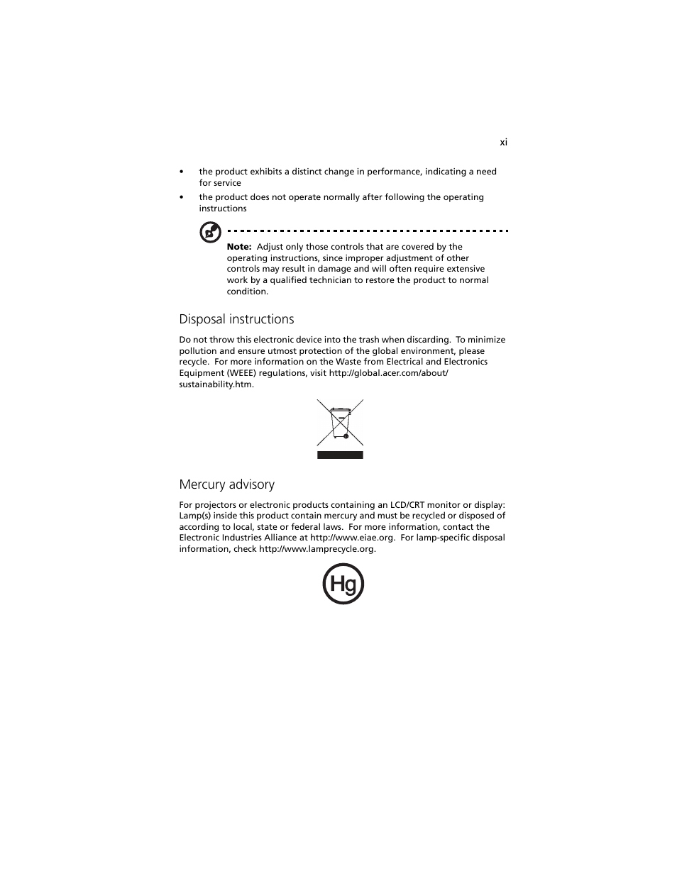 Disposal instructions, Mercury advisory | Acer Altos R5250 User Manual | Page 11 / 142