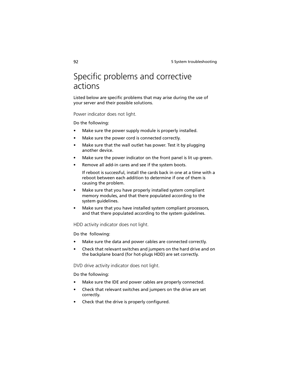 Specific problems and corrective actions | Acer Altos R5250 User Manual | Page 110 / 142
