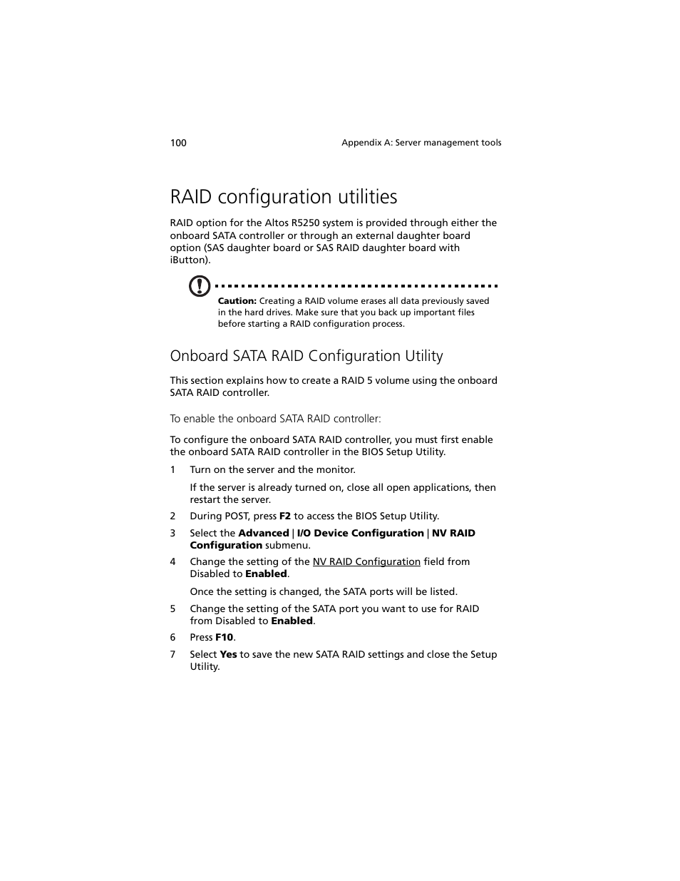 Raid configuration utilities, Onboard sata raid configuration utility | Acer Altos R5250 User Manual | Page 118 / 142