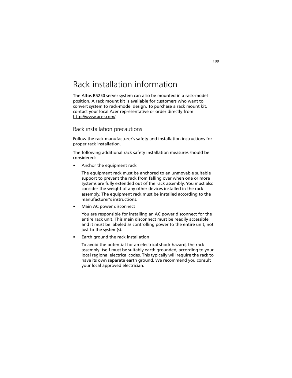 Rack installation information | Acer Altos R5250 User Manual | Page 127 / 142