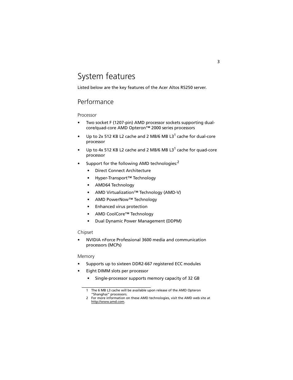 System features, Performance | Acer Altos R5250 User Manual | Page 21 / 142