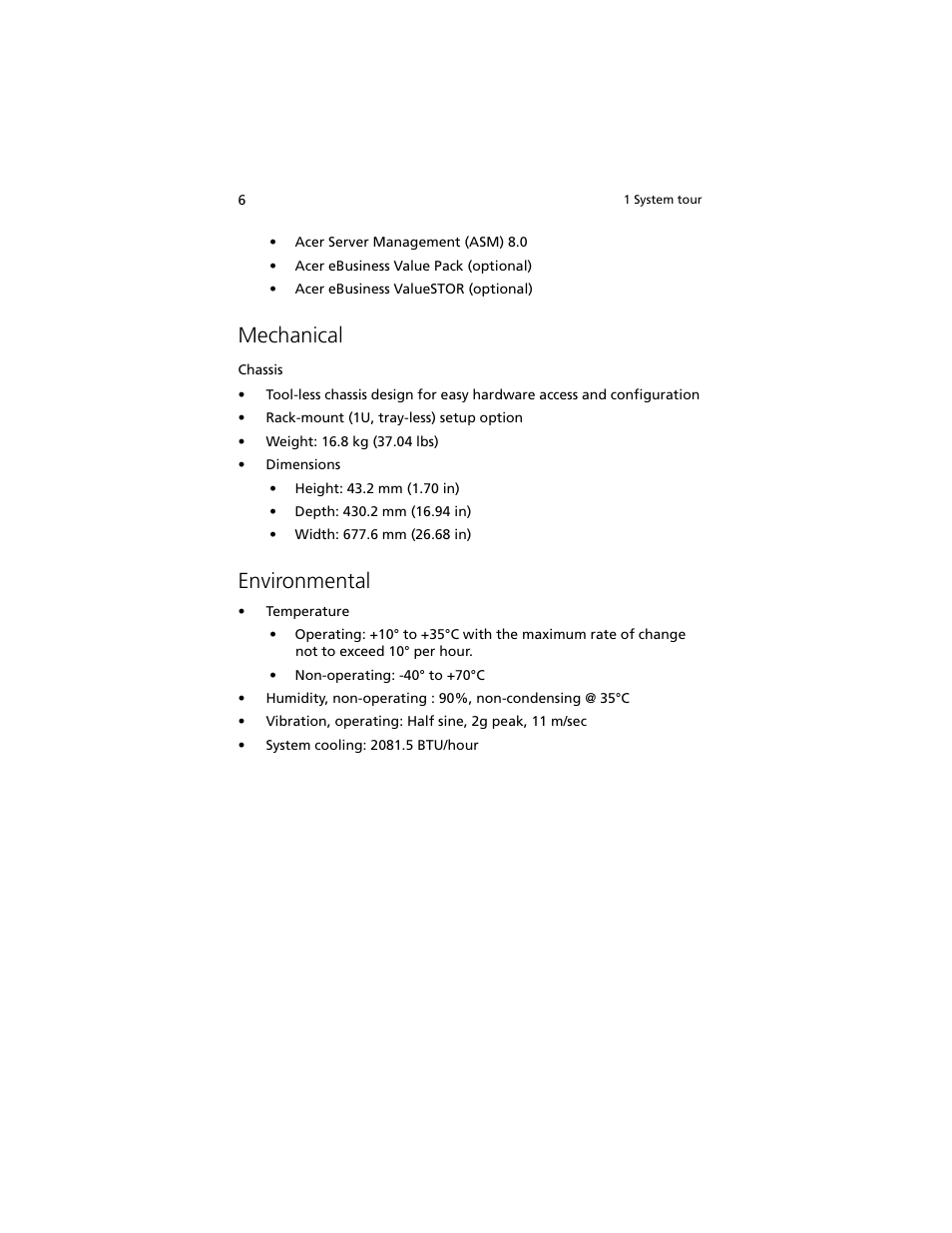 Mechanical, Environmental, Environmental 6 | Acer Altos R5250 User Manual | Page 24 / 142