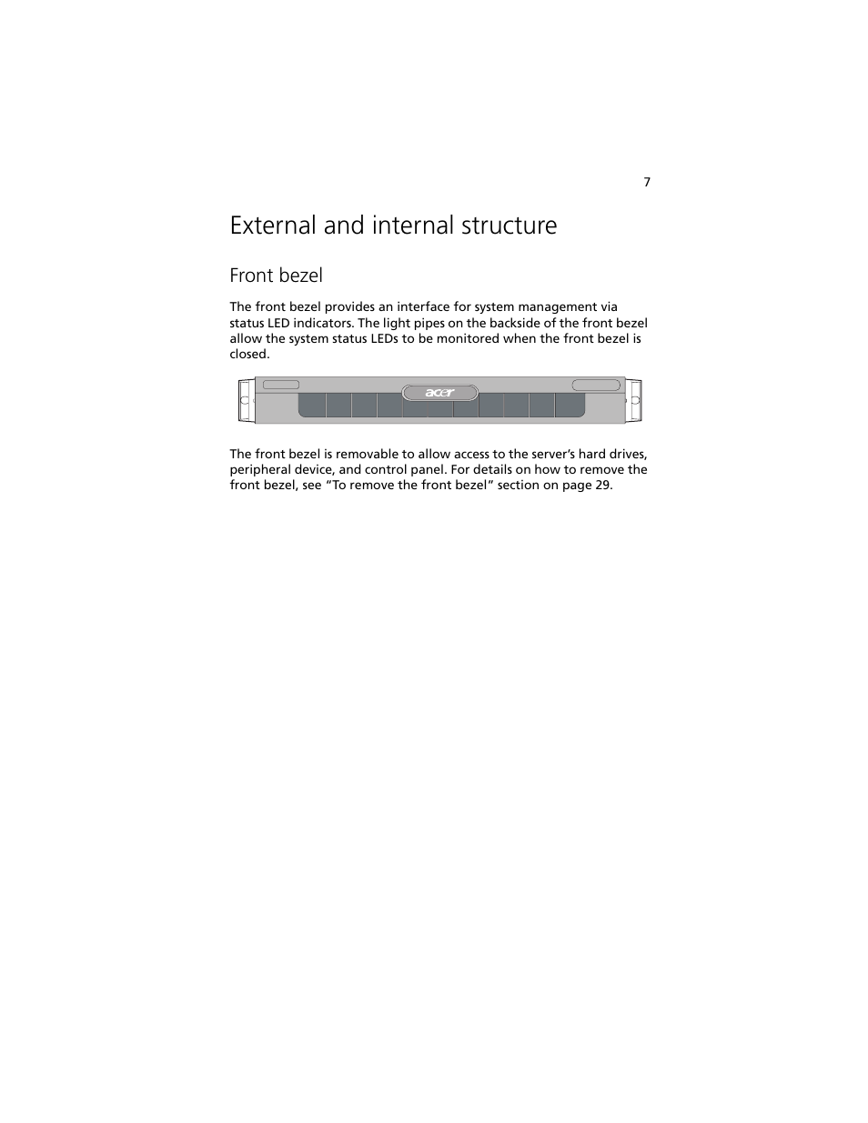 External and internal structure, Front bezel | Acer Altos R5250 User Manual | Page 25 / 142