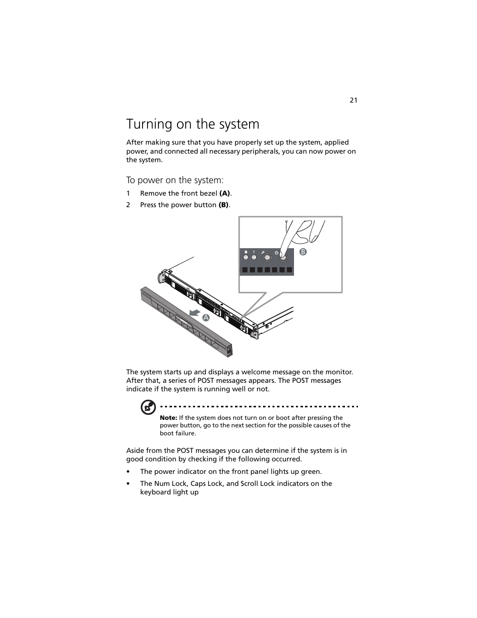 Turning on the system | Acer Altos R5250 User Manual | Page 39 / 142