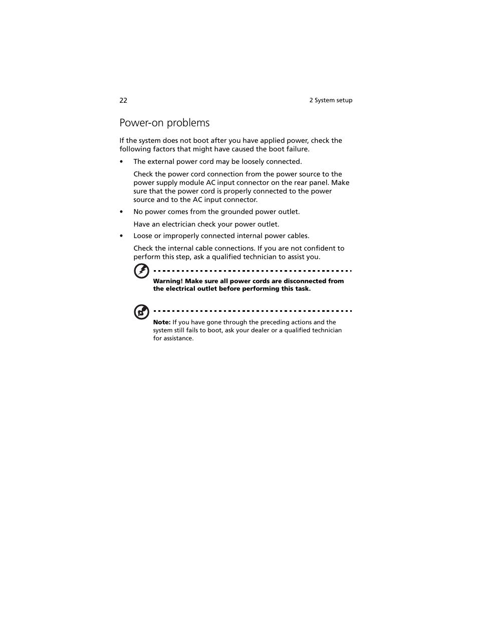 Power-on problems | Acer Altos R5250 User Manual | Page 40 / 142