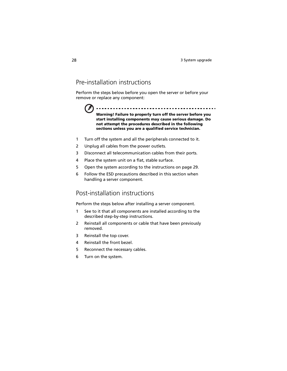 Pre-installation instructions, Post-installation instructions | Acer Altos R5250 User Manual | Page 46 / 142