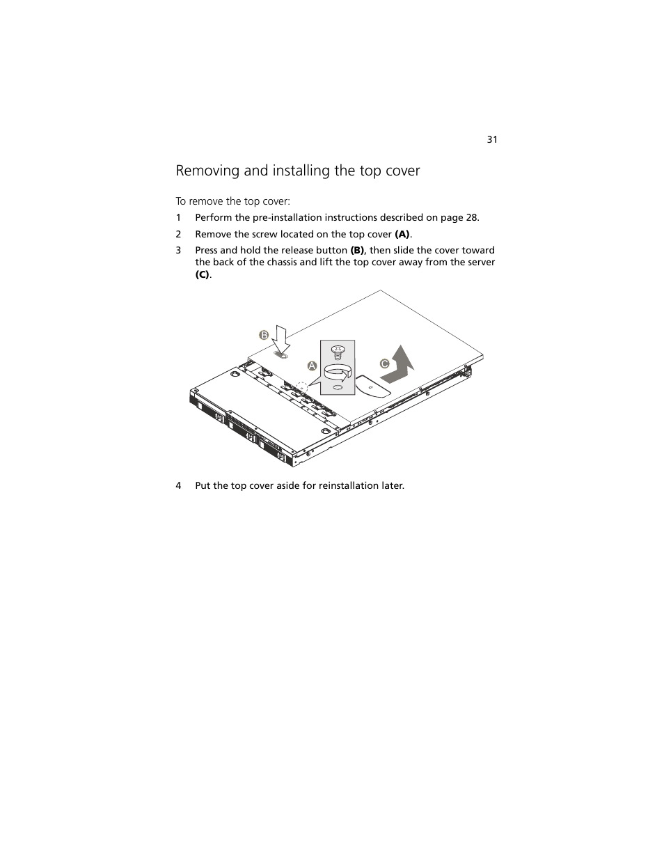 Removing and installing the top cover | Acer Altos R5250 User Manual | Page 49 / 142