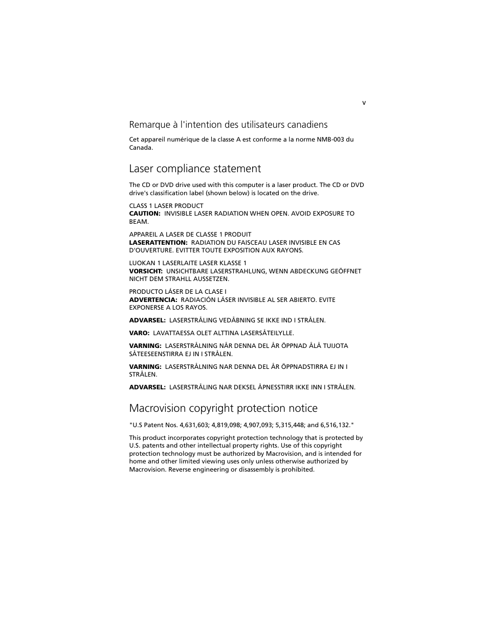 Laser compliance statement, Macrovision copyright protection notice, Remarque à l'intention des utilisateurs canadiens | Acer Altos R5250 User Manual | Page 5 / 142