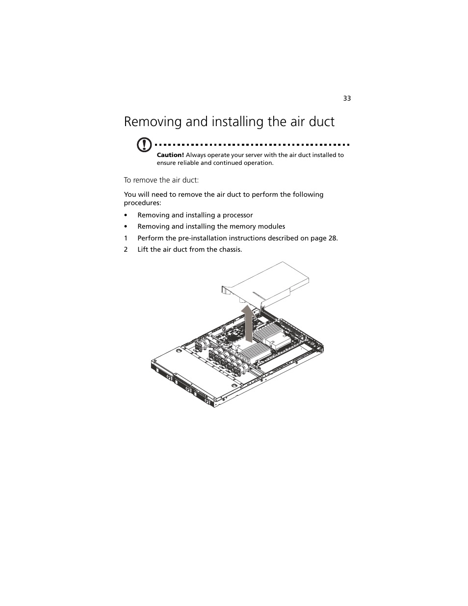 Removing and installing the air duct | Acer Altos R5250 User Manual | Page 51 / 142