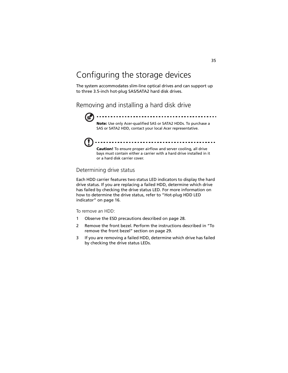 Configuring the storage devices, Removing and installing a hard disk drive | Acer Altos R5250 User Manual | Page 53 / 142