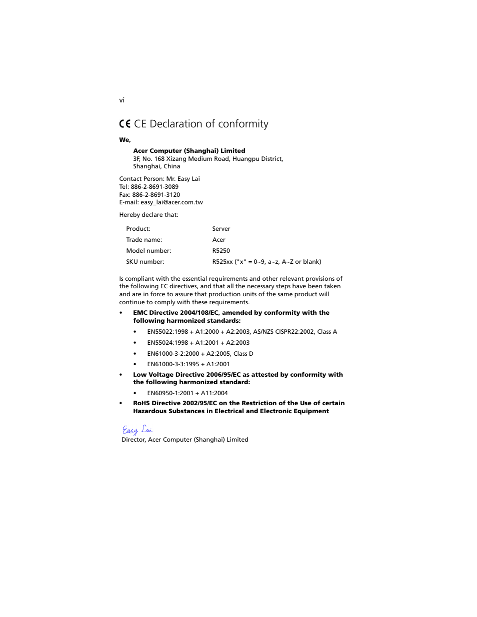 Ce declaration of conformity | Acer Altos R5250 User Manual | Page 6 / 142