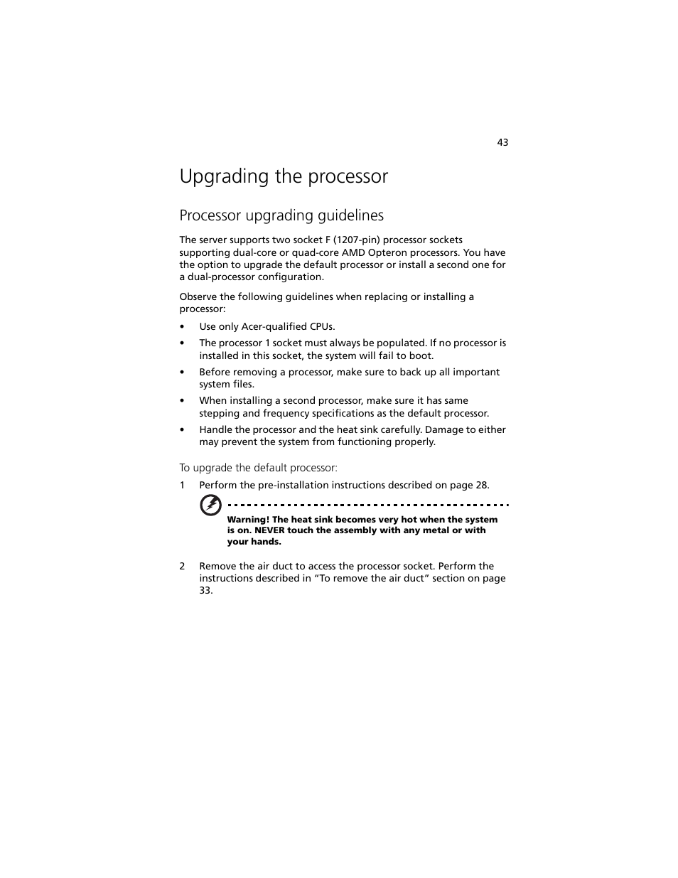 Upgrading the processor, Processor upgrading guidelines | Acer Altos R5250 User Manual | Page 61 / 142