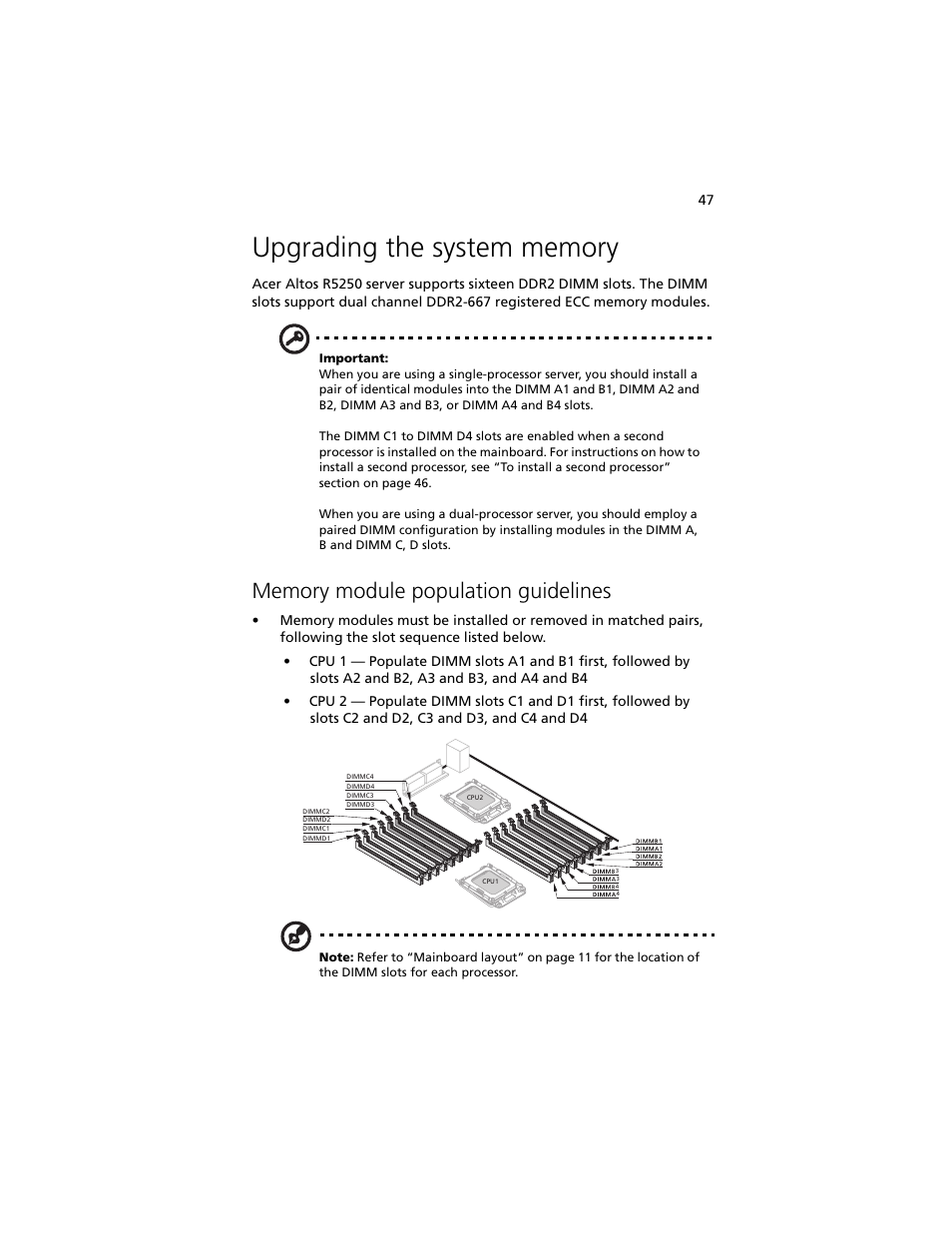 Upgrading the system memory, Memory module population guidelines | Acer Altos R5250 User Manual | Page 65 / 142